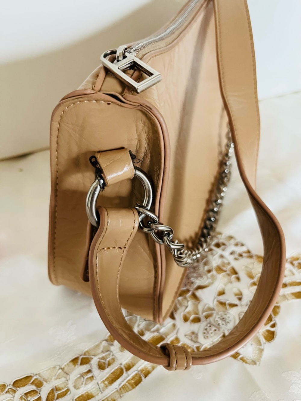 Neutral Tan Patent Shoulder Bag with Chain Accent - Picture 3 of 7